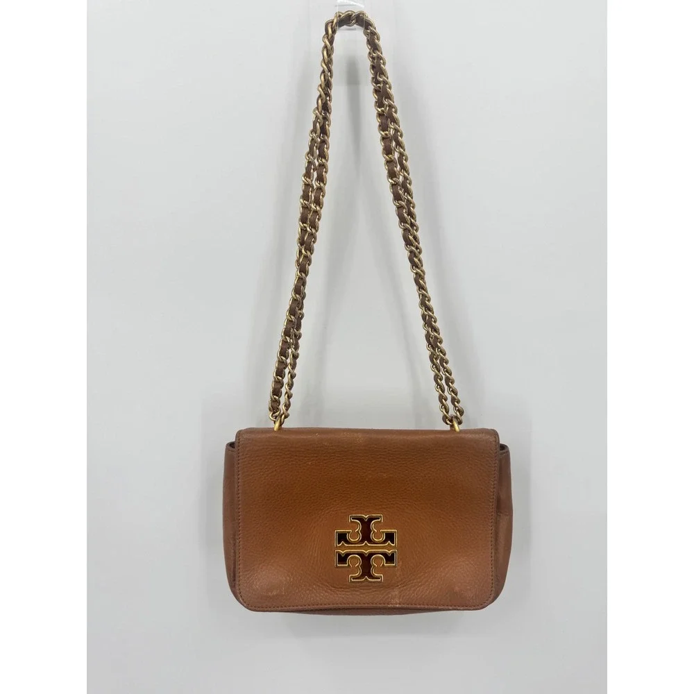 Tory Burch Shoulder Bag Womens Small Brown Leather Chain Strap Flap Logo